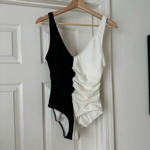 Solid and Striped black and white one piece swimsuit size Large